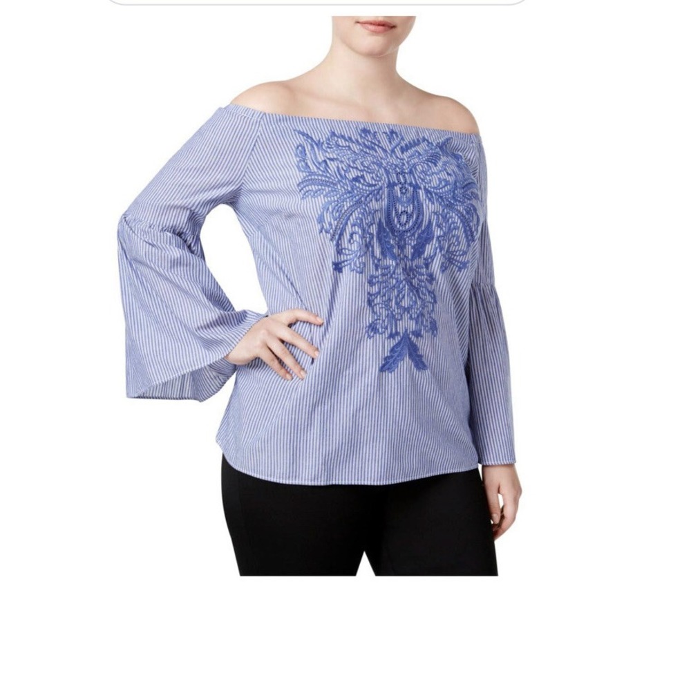 INC Womens Embroidered Off the Shoulder Blouse Blue White Striped 2X 100022853W